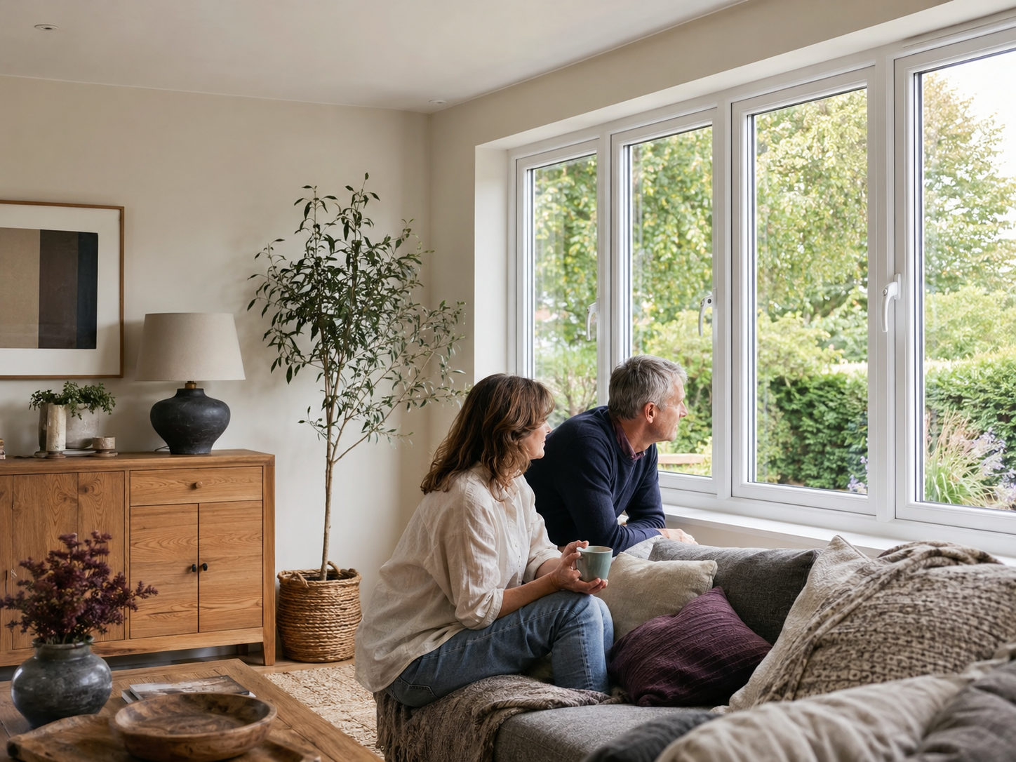 A welcoming home with modern white windows and homeowners enjoying the room